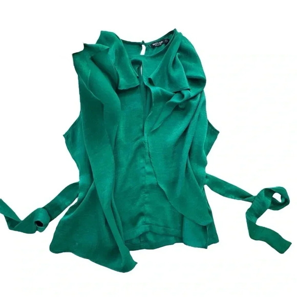 Women’s Satin Green Blouse features a tie-belt at waist, relaxed silhouette - Picture 4 of 14
